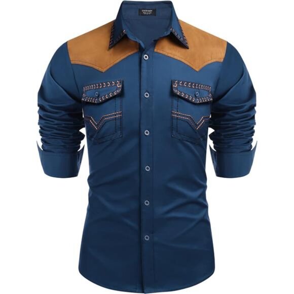 Men's Western Cowboy Shirt Blue - Picture 1 of 5
